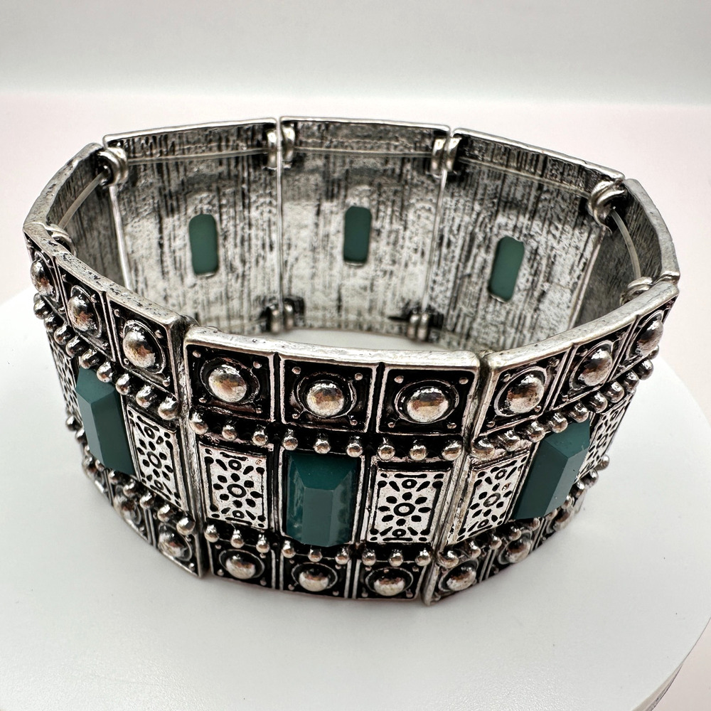 Vintage 90s Teal Green Stones Silver Tone Wide Stretch Cuff Bracelet Jewelry